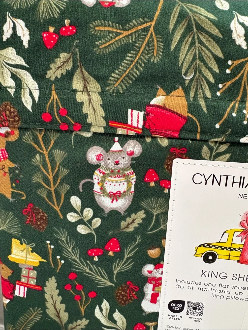 NEW Cynthia Rowley Christmas Mouse Holly Leaves Green Holiday King Sheet Set